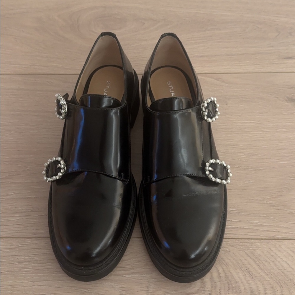 Stuart Weitzman Glossy Black Loafers with Pearl Accents